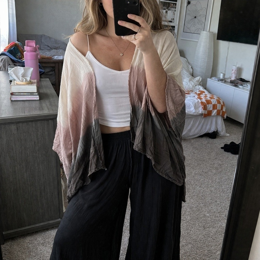 Landry Kimono Womens One Size Dye Ombre Pink Grey Cream Open Front Cardigan BOHO